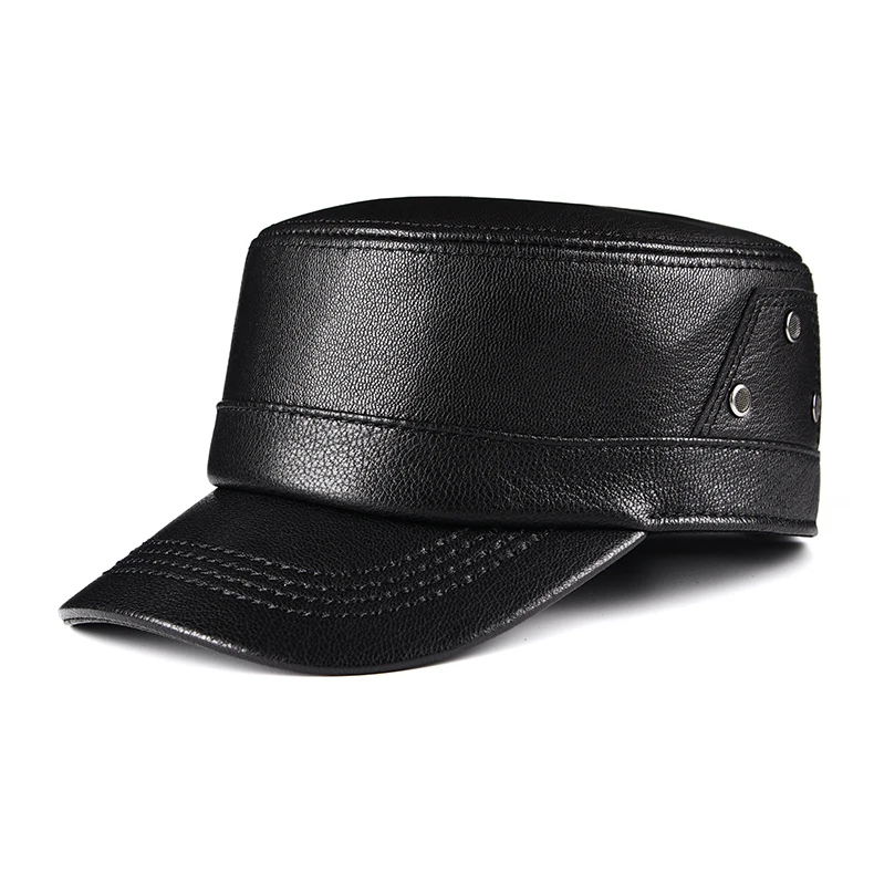 2024 Spring Men Genuine Leather Baseball Caps Male Casual Sheepskin Flat Army Cap Belt Warm 55-60 Flight Hats Adjustable