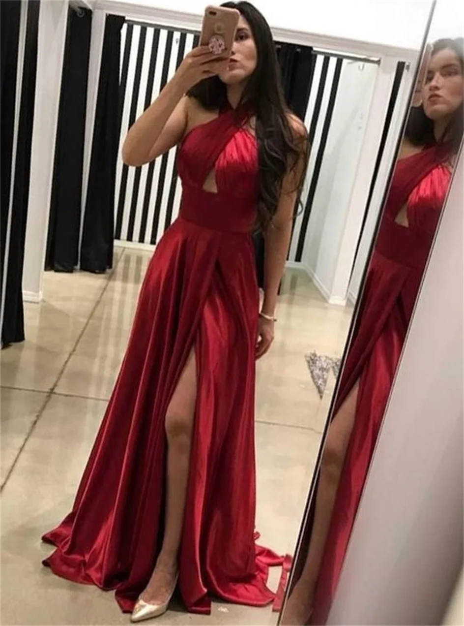 Shiyicey 2024 Elegant Simple Floor-length Halter Prom High Slit Long Ball Gowns Satin Sleevesless Formal Evening Party Dresses