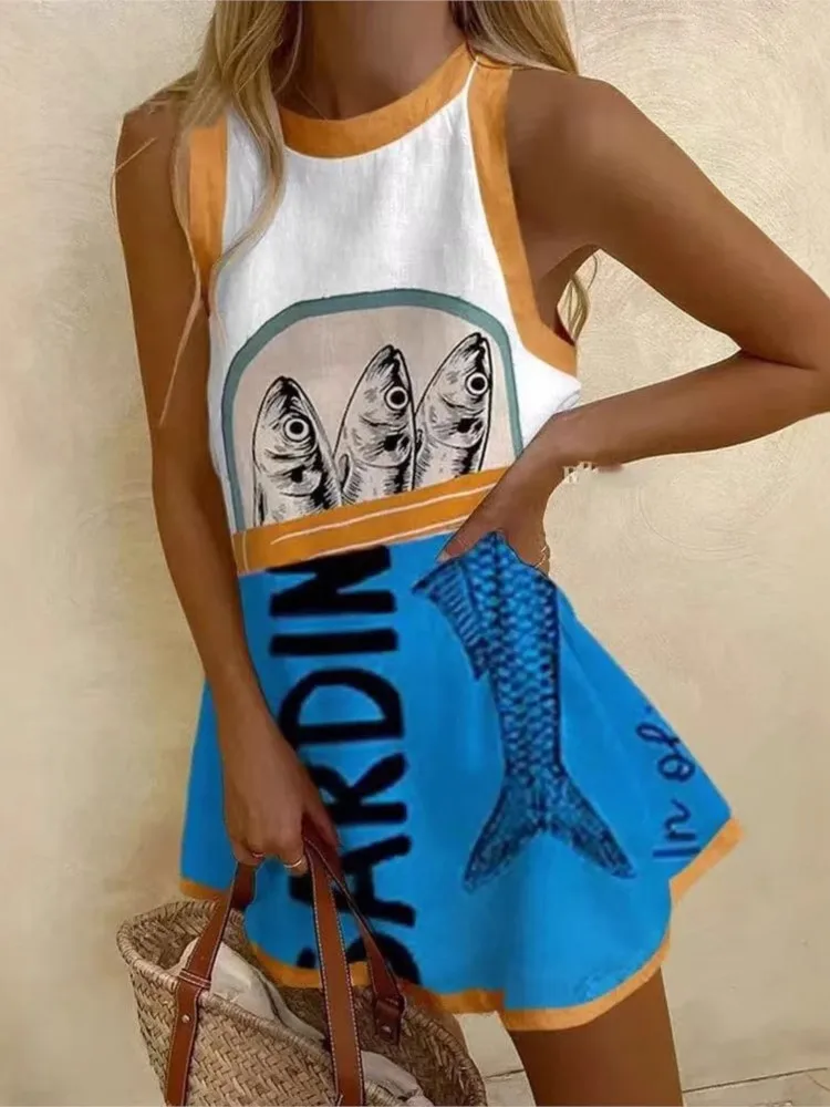 

Elegant O-neck Sleeveless Dress For Women Fashion Spring Summer Elements Printing Short Casual Vest Dresses Female