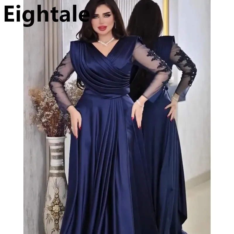 Eightale 2023 Dubai Satin A Line Evening Dress V Neck Long Sleeve kaftan Floor Length Beaded Prom Dress Dubai Party Customized