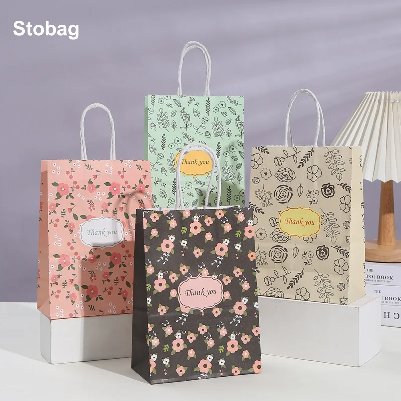 

StoBag 12/24pcs Kraft paper Gift Tote Bags Thank You Package for Candy Cake Storage Pouch Happy Birthday Wedding Party Favors