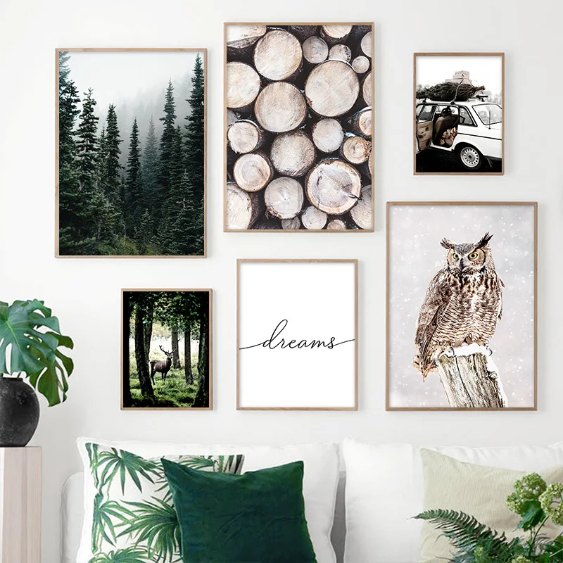 Winter Moose Owl Canvas Painting Modern Nature Forest Landscape Art Wall Art Wood and Car Poster Christmas Home Decor