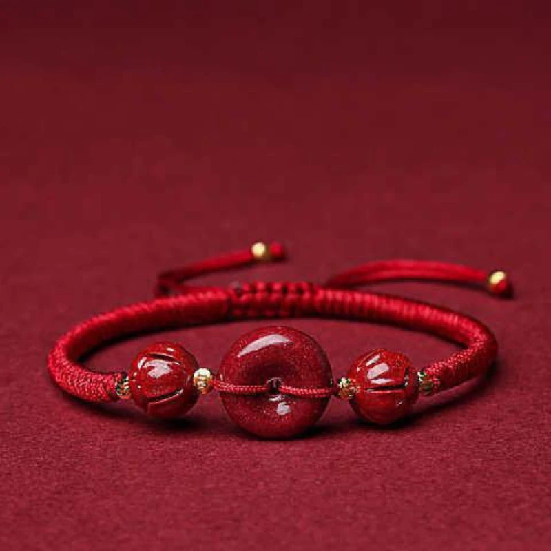 

Women's Cinnabar Beaded Bracelet, Handwoven Peace Buckle Men's Red Bracelet, Fashion Jewelry, Gifts