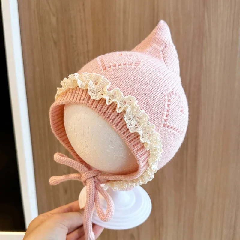 

Baby Hat Fall and Winter Wool Cap Thin Baby Girl Princess Lace Small Months Old Knitted Ear Protection Hat Elf Cap