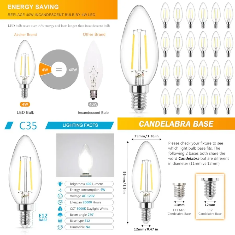 

E12 LED Classic Candelabra Clear Light Bulbs 4W, Equivalent 40W, Daylight White 5000K, Non-Dimmable, Filament Clear Glass, Pack