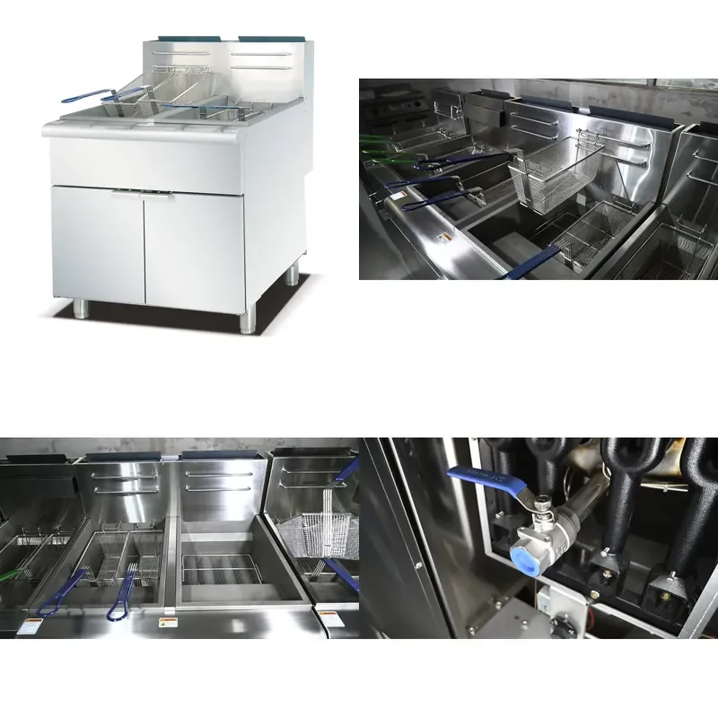 2026 OUTE Commercial Grade Stainless Steel 36KW Floor Standing High Capacity Deep Fryer Dual Tank 8 Burners 4 Baskets