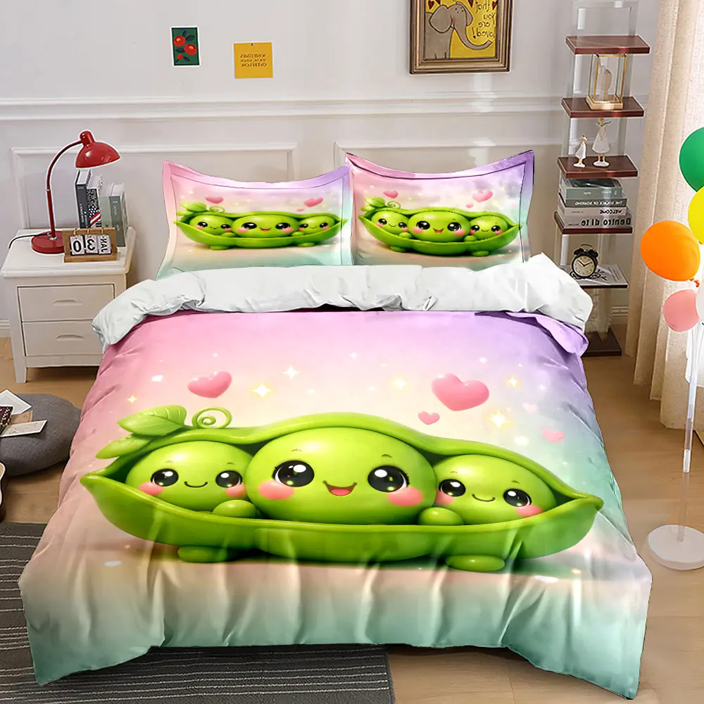 Adorable smiling cartoon peas Print Bedding Set 1 Duvet Cover 2 Pillowcases for Adult and Children Luxury Gift Full Size