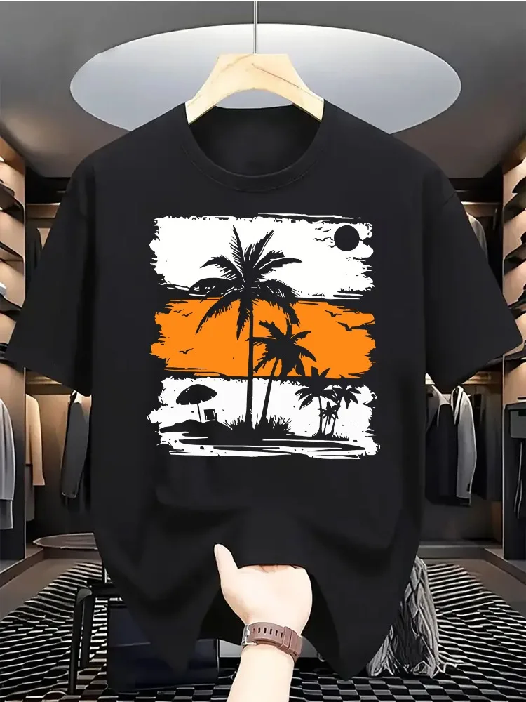 Camiseta feminina com estampa de coqueiro, gola redonda, manga curta, confortável e versátil, estilo fashion, roupas da moda