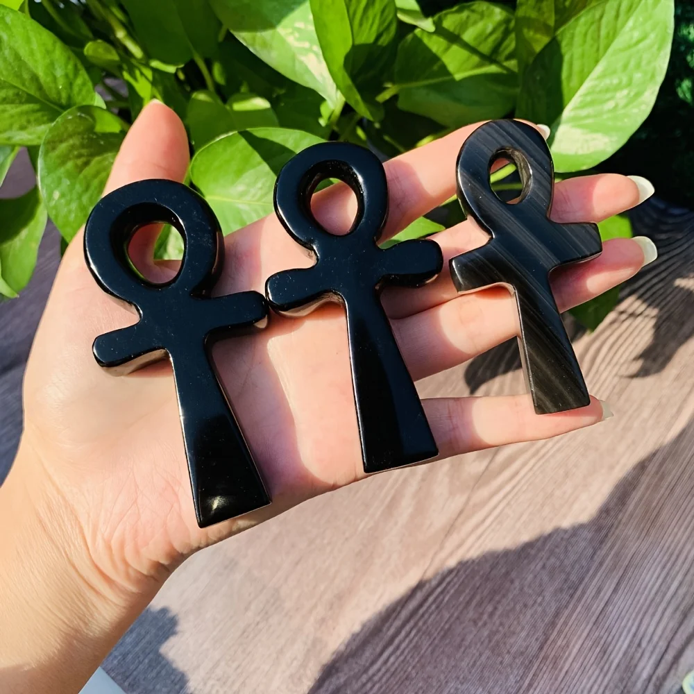 1pc Natural Obsidian Carved Into a Black Crystal Cross Representing The Egyptian Ankh, a Symbol of Life. This Unique Specimen