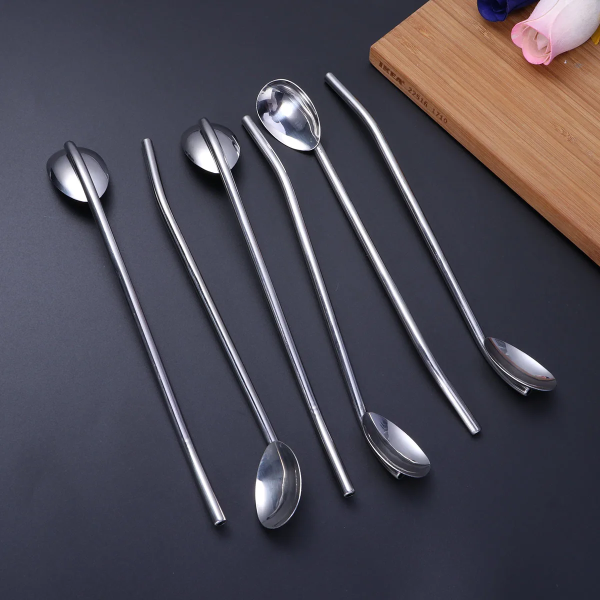 

6Pcs Stainless Steel Straw Spoon Reusable Metal Drinking Cocktail Spoons Multifunction Hollow Handle for Parties