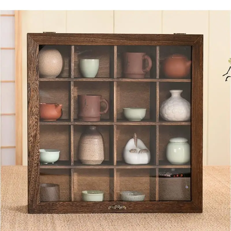 Multi-grid Solid Wood Storage Box Glass Cover Display Dustproof Shelf Tea Jewelry Boxes Cosmetics Organizer