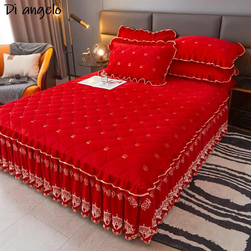 Red Thickened Quilting Bed Skirt, Embroidery, Cotton, Lace Bedspread, Pillowcase, Mattress Cover, Double King, Queen, #/#