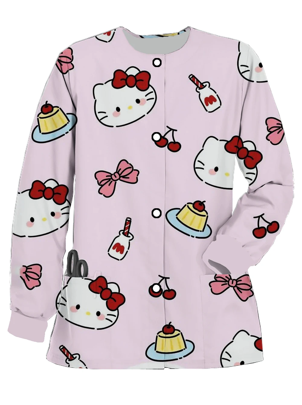 Spring and autumn new long-sleeved button nurse uniform Hello Kitty printed women's cardigan jacket pet doctor work uniform