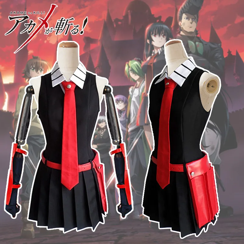 Akame ga KILL Anime Cosplay Costume para Mulheres, Preto, Vestido Sem Mangas, Uniforme, Roupa, Peruca, Fato de Festa Carnaval