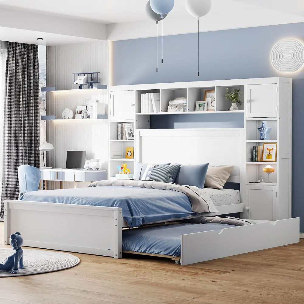 

Двуспальная деревянная кровать с интегрированным шкафом, полкой и розетками, выдвижной ящик для хранения, белая