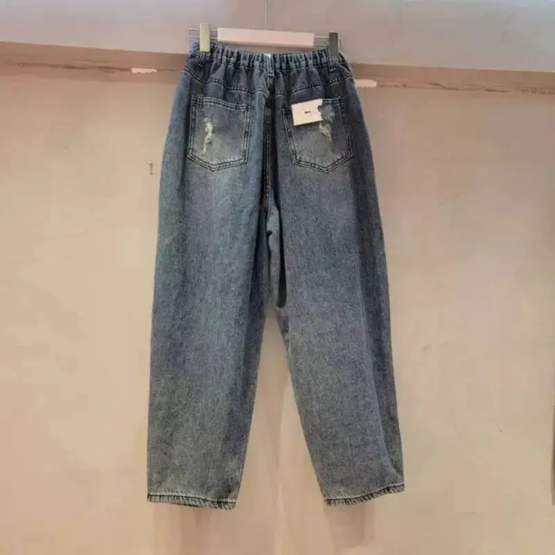 ANJY Autumn New Women European Streetwear Heavy Sequins Hole Distressed Jeans Ins Loose Appliques  Painted Straight Pants A10479