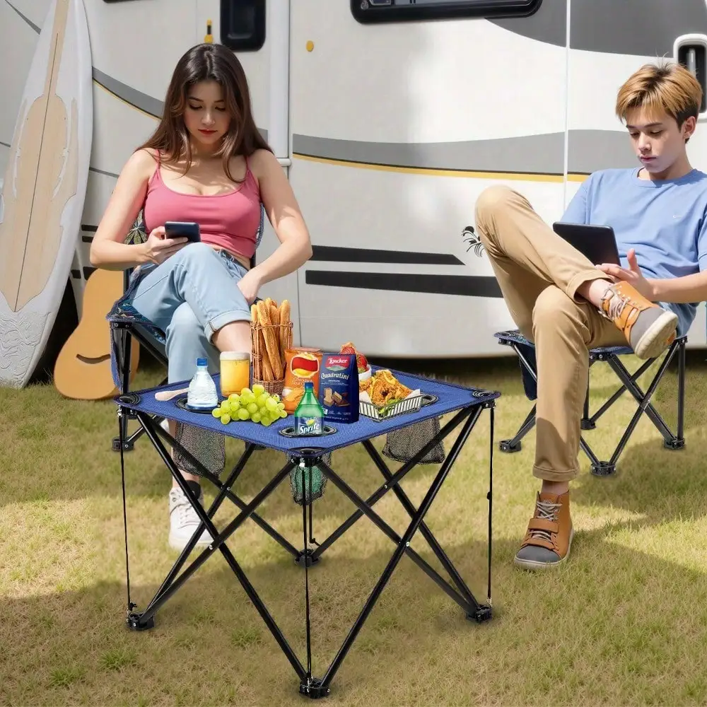 

[Portable Camping Set] Portable Folding Table & 2Chairs Set - Lightweight, Durable Stainless Steel Outdoor Camping Gear With 4-Hole Design, Blue Maple Leaf Pattern, Ideal For Beach & Picnics, Camping Essentials|Casual Style|Durable Construction