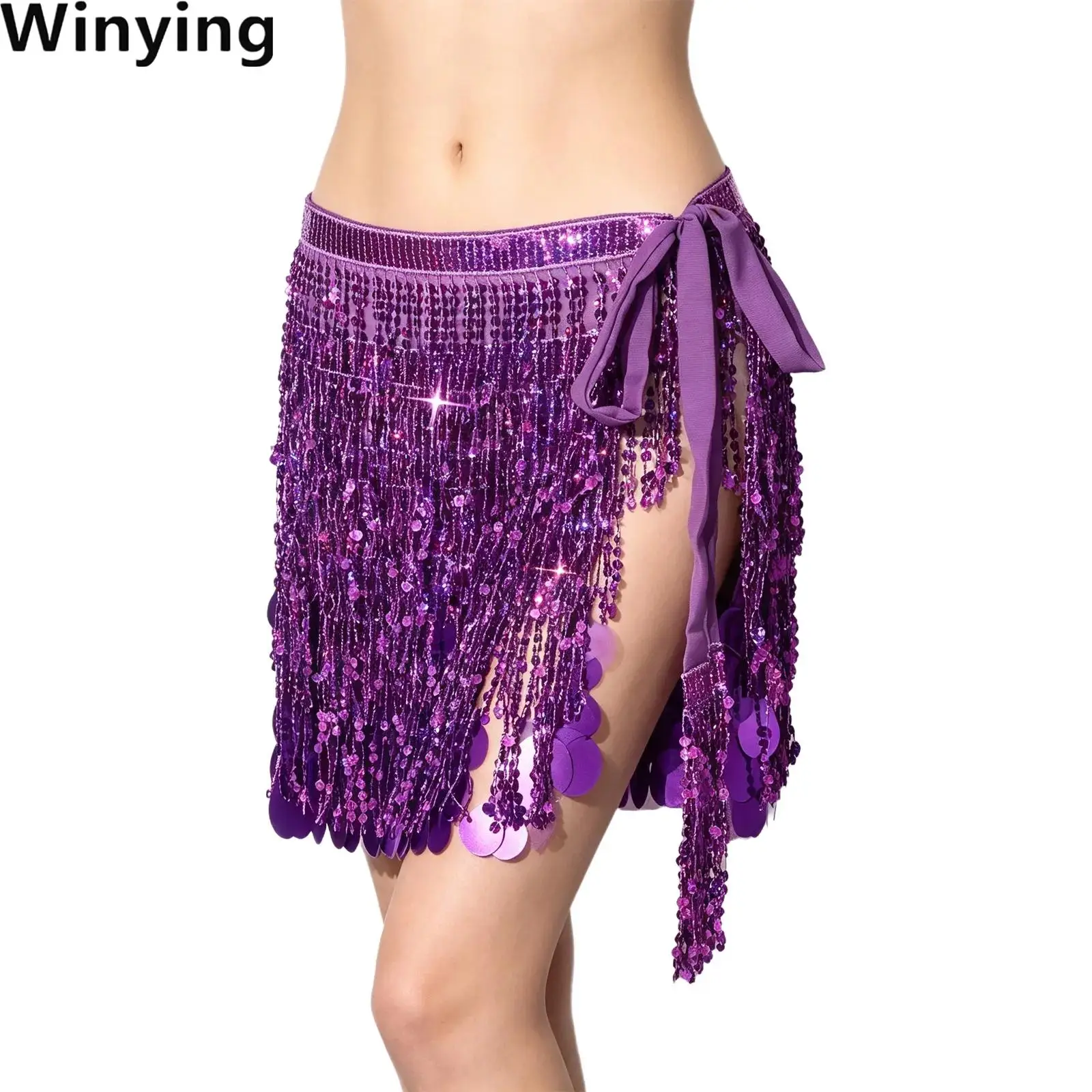 Women Sequin Fringe Skirt Sparkly Tassel Hip Scarf Wrap Adjustable Mini Skirt for Belly Dance Stage Performance