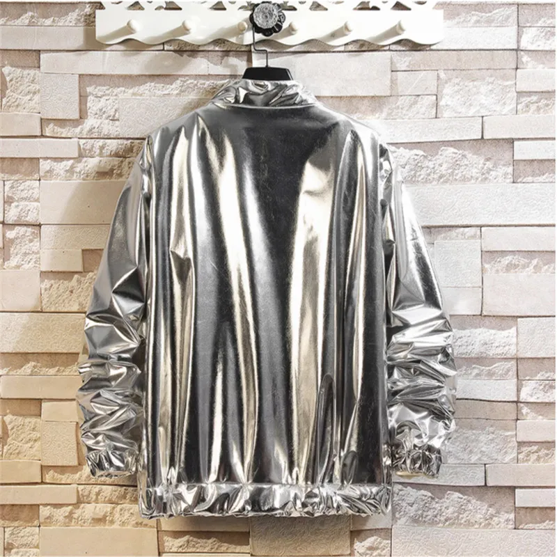 2026 Men Silver Long Sleeve Jacket, Round Neck Zipper Control Coat, Suitable for Casual Tops, Great for Stage Performance