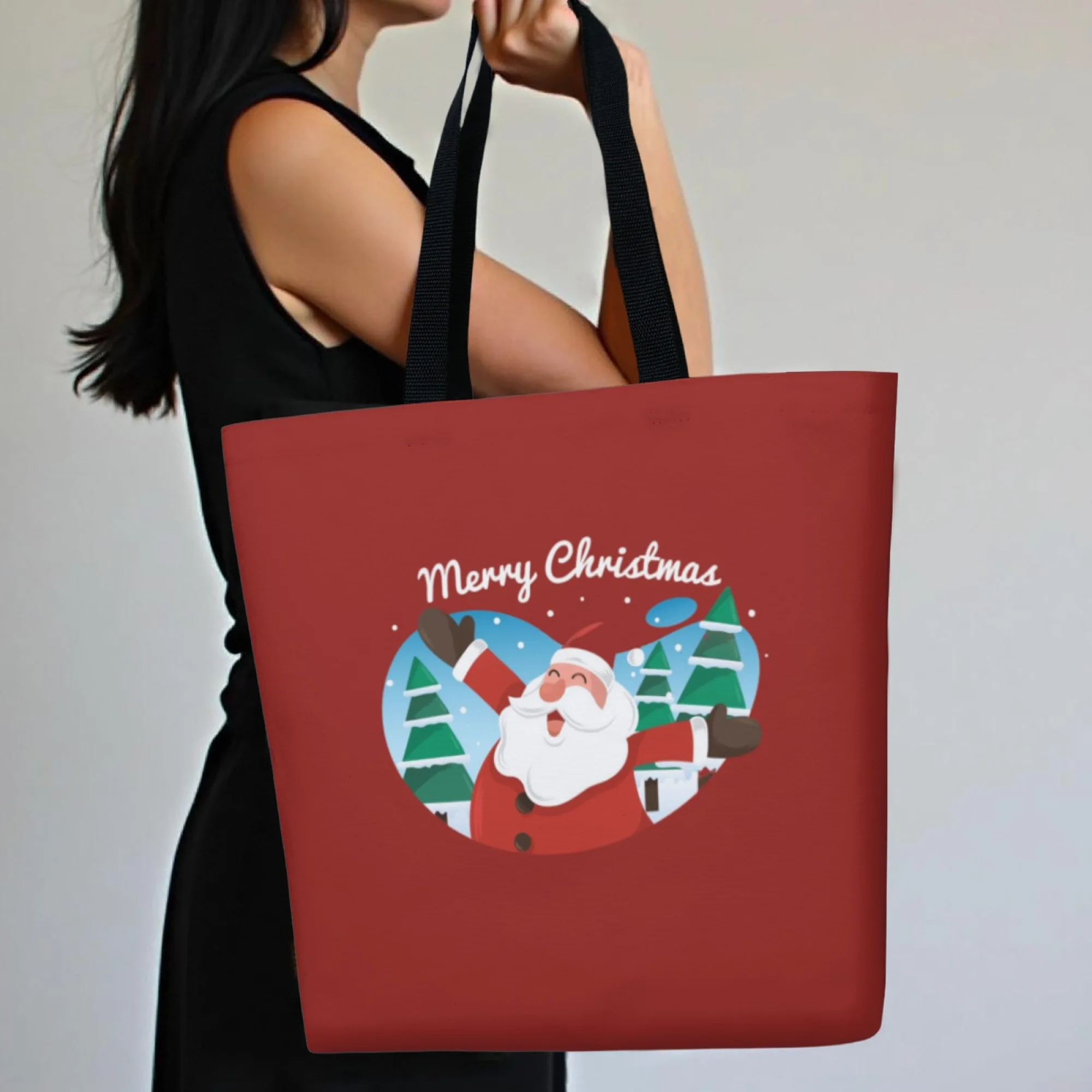 Christmas Style Canvas Tote Bag Red Santa Design Shoulder Bag for Women Large Reusable Suitable for Daily Commute Shopping