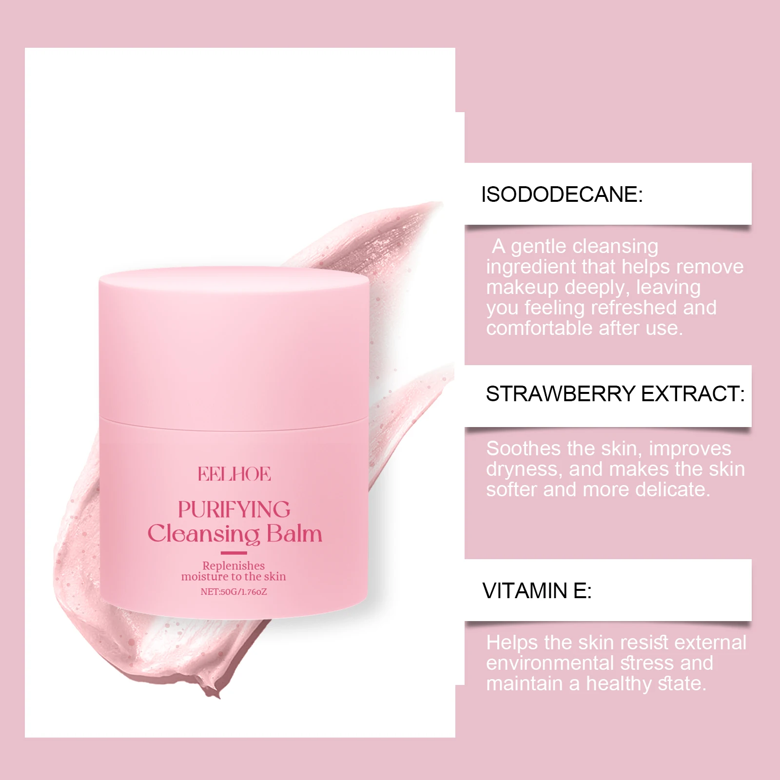 EELHOE crème nettoyante et démaquillante aux fraises exfolie doucement contrôle sébum secretion dissoudre le maquillage yeux et lèvres 50g