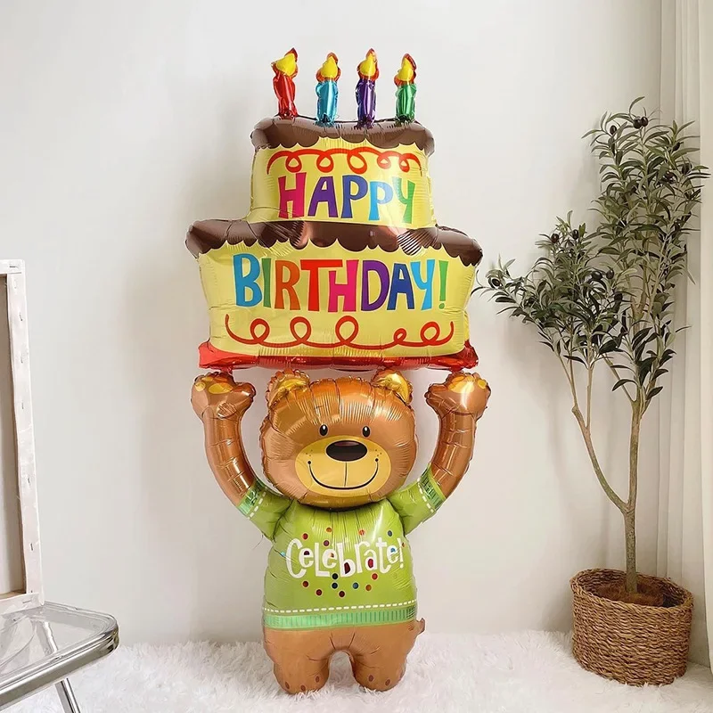 Duże balony na tort urodzinowy 3-warstwowa kolorowa świeca Cartoon Bear Cake Balon z folii aluminiowej do dekoracji przyjęć Baby Shower