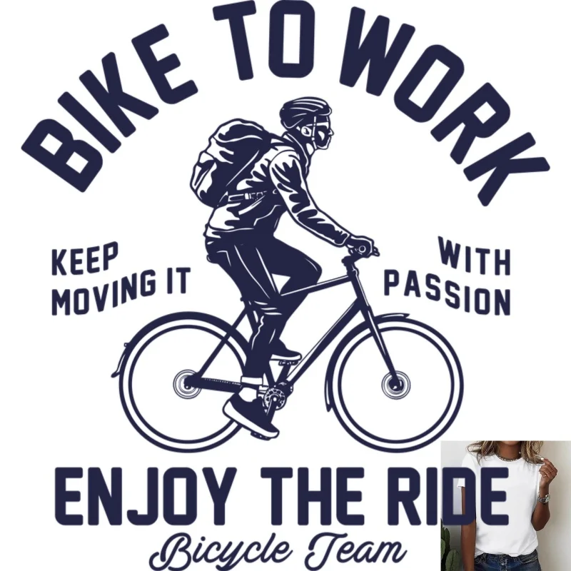 Bike To Work Cycling Theme Heat Transfer White Ink Iron - on Patch, Cyclist With Backpack Pattern, For T - shirts/Canvas Bags,