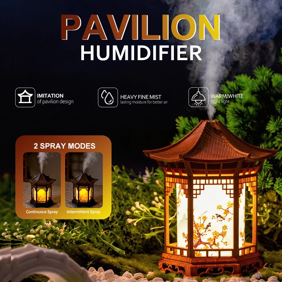 Pavilion Shape Cool Mist Mini Air Humidifier, 160ml, 2 Light Modes, USB Humidifier Quiet, Desktop Decor for Bedroom
