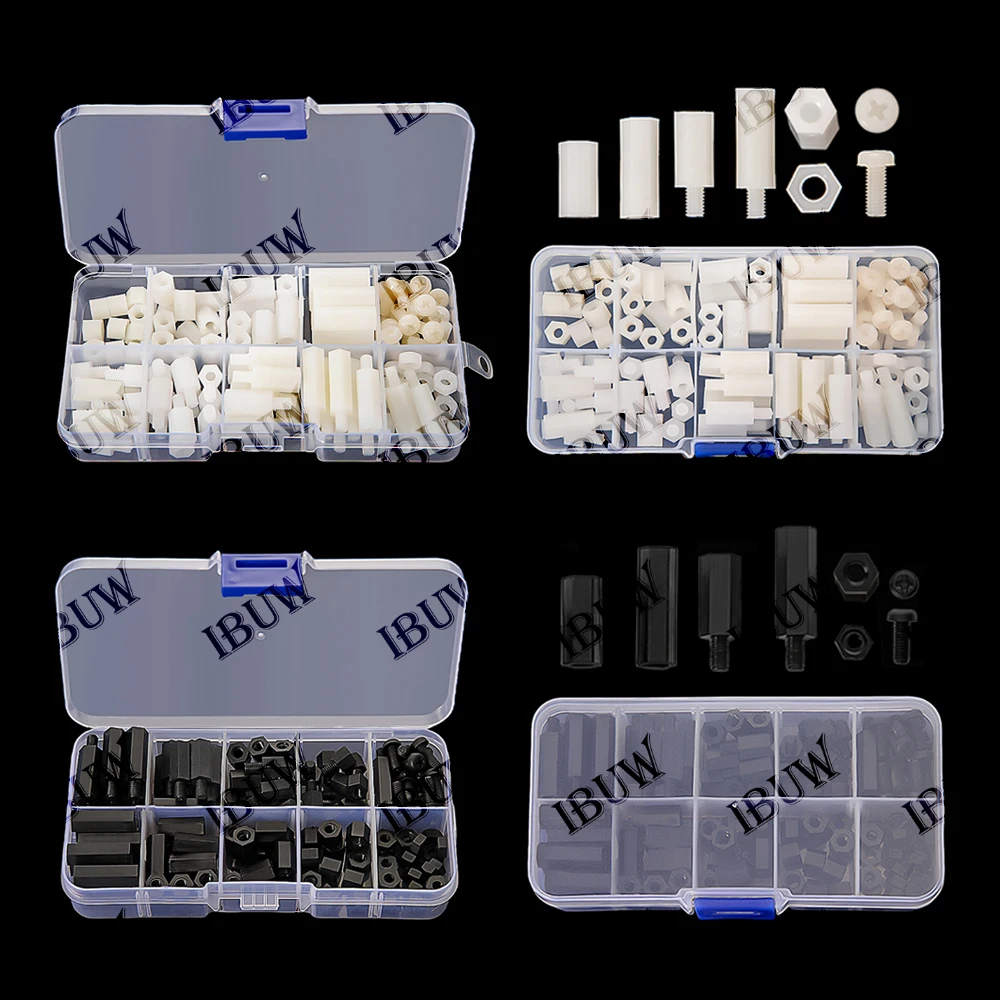 120PCS/box Plastic Nylon Hex Hexagon Spacer Column Stand off Screw Nut Washer Kit Set White Black for PCB Motherboard M4