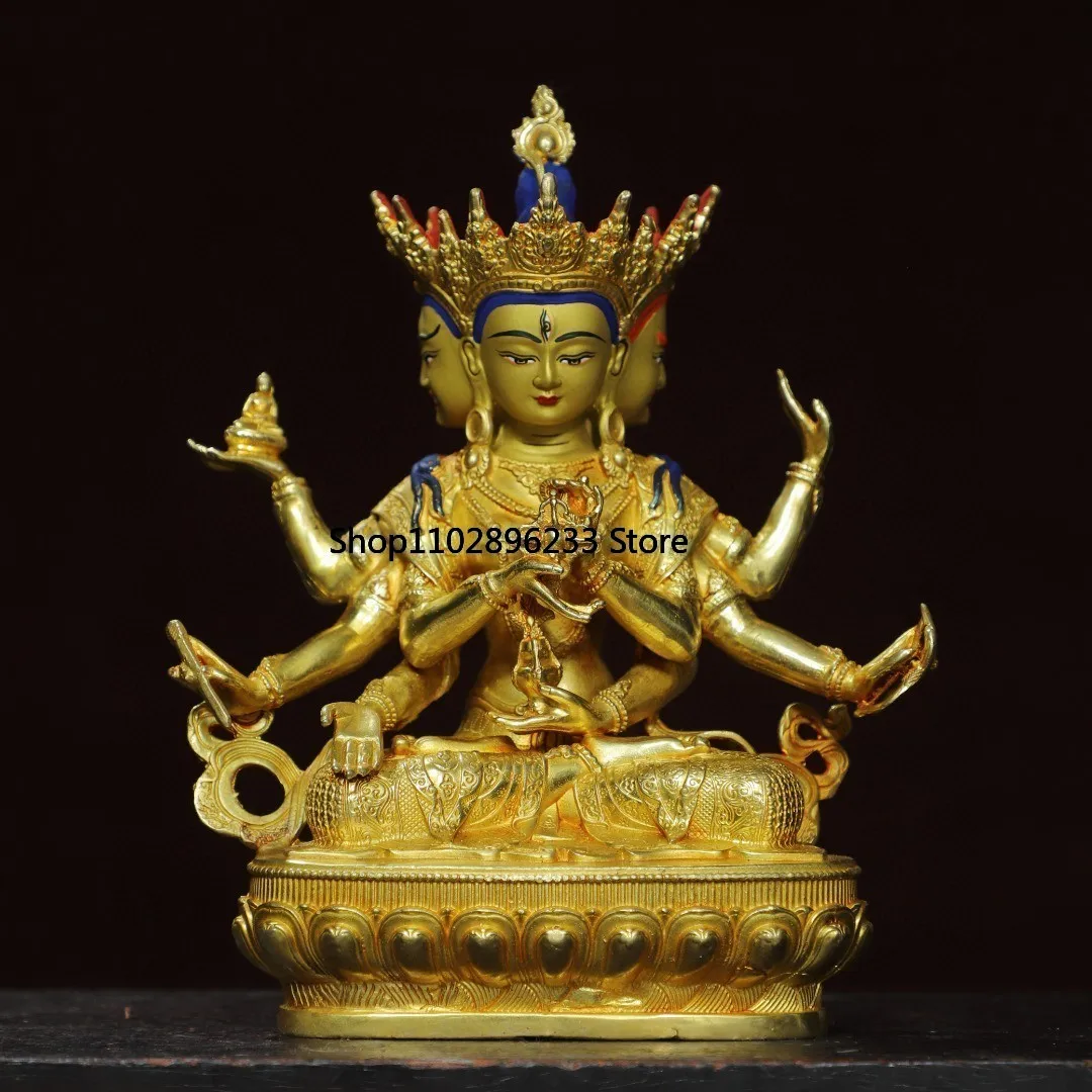 Tibetan brass gilt face painting Zunsheng Buddha Mother Tara Guanyin Bodhisattva ornament hall supplies incense case 20cm