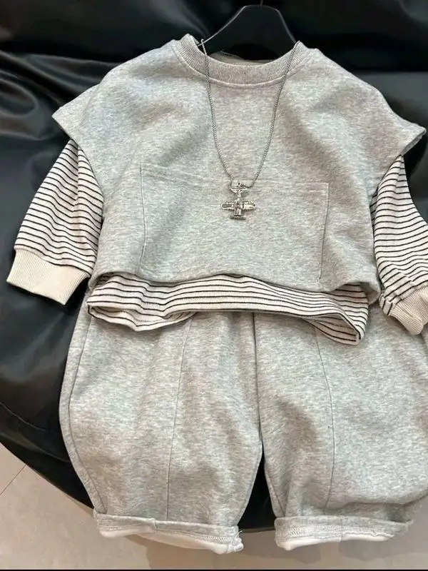 

Корейский комплект из толстовки и жилетки для детей, повседневный спортивный костюм из двух предметов для мальчиков и девочек, осенняя одежда