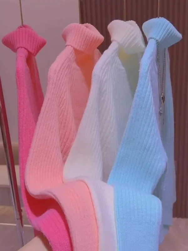 

Korean Sweet Sle High Collar Sweater Women's Faionable Versatile Slimming Anti-Aging Knitted Top Candy Color Autumn Winter
