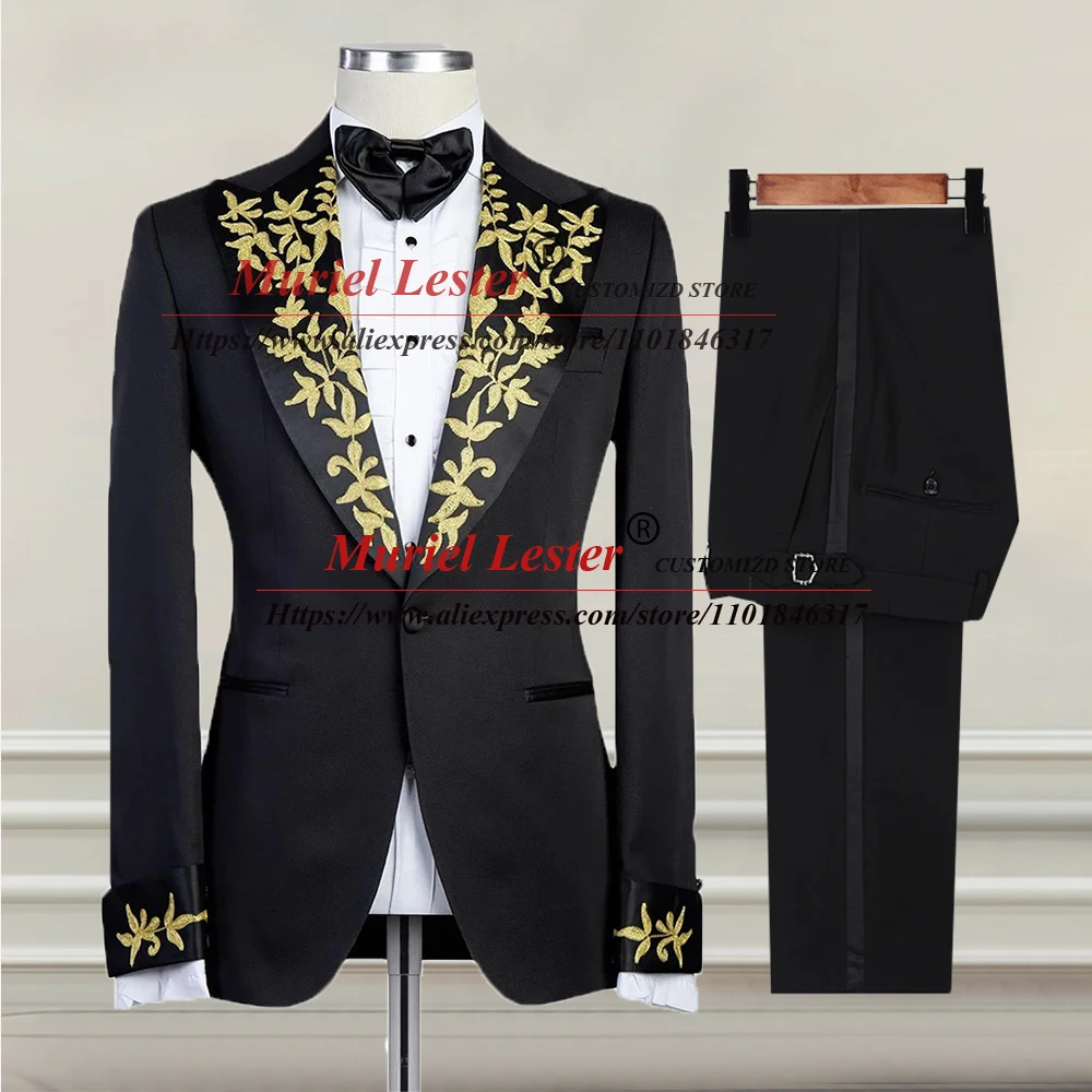 

Groom Wear Suits Men For Wedding Gold Appliques Peak Lapel Black Blazer Pants 2 Pieces Banquet Prom Party Tuxedo Tailor-Made