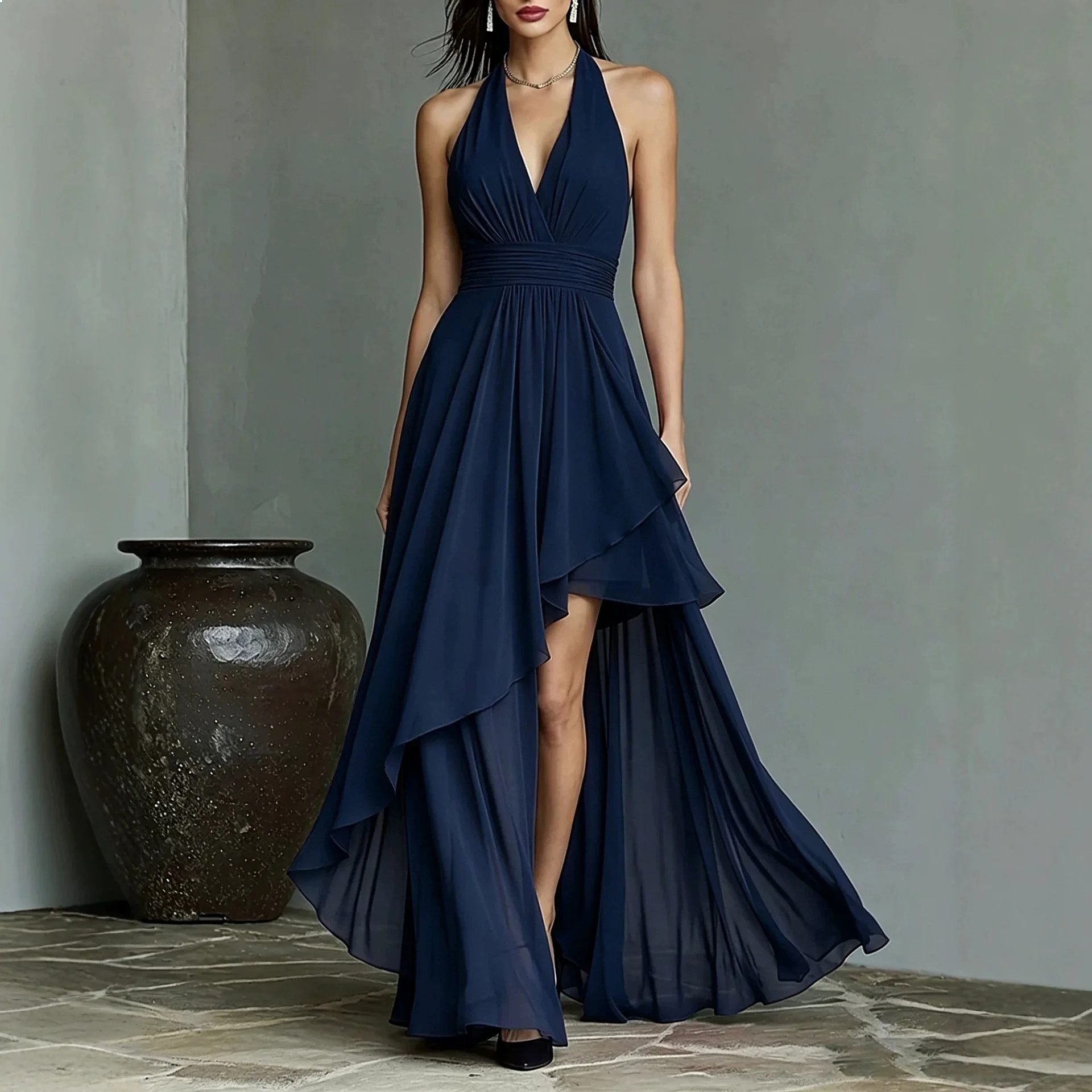 Sheer Chiffon V-Neck Backless Waist-Cinching Evening Dress, Wrap Overall Jumpsuit Playsuit for Summer Spring