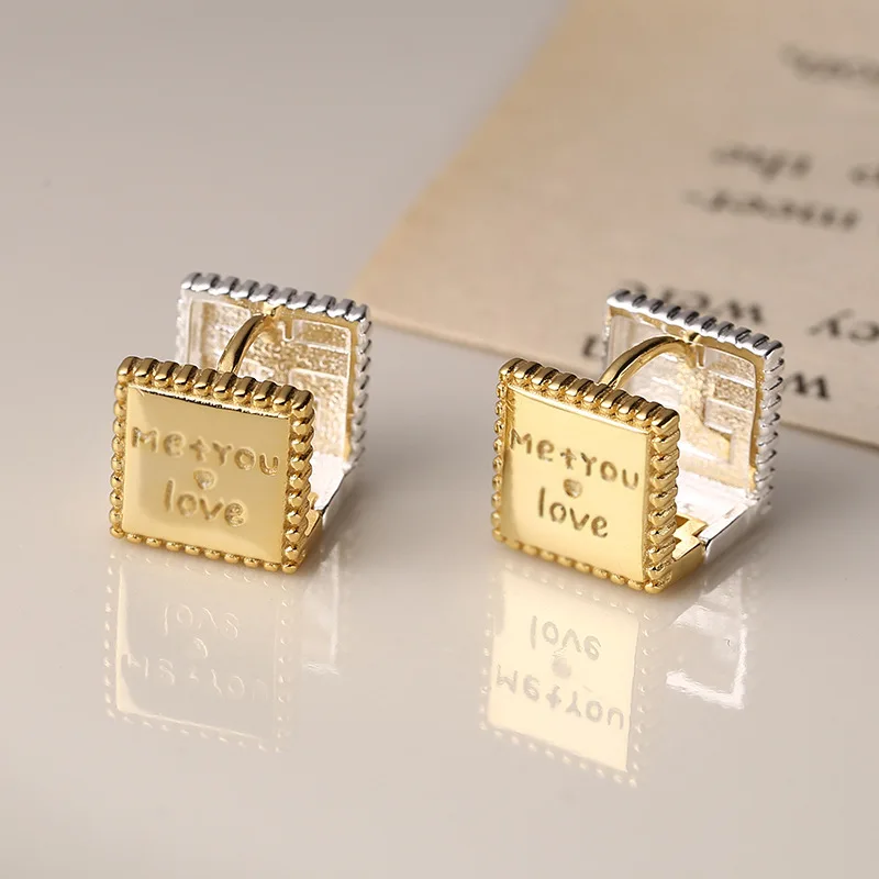 Silvology Genuine 925 Sterling Silver Gold Silver Color Letter Square Stud Earring for Women Anti-allergy Earring Simple Jewelry