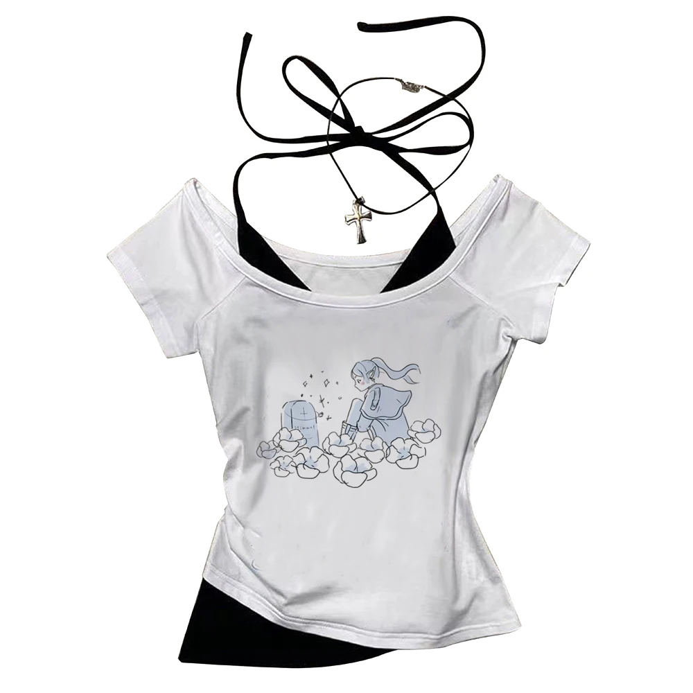 Frieren crop top female summer harajuku vintage t-shirt meme japan summer goth gothic