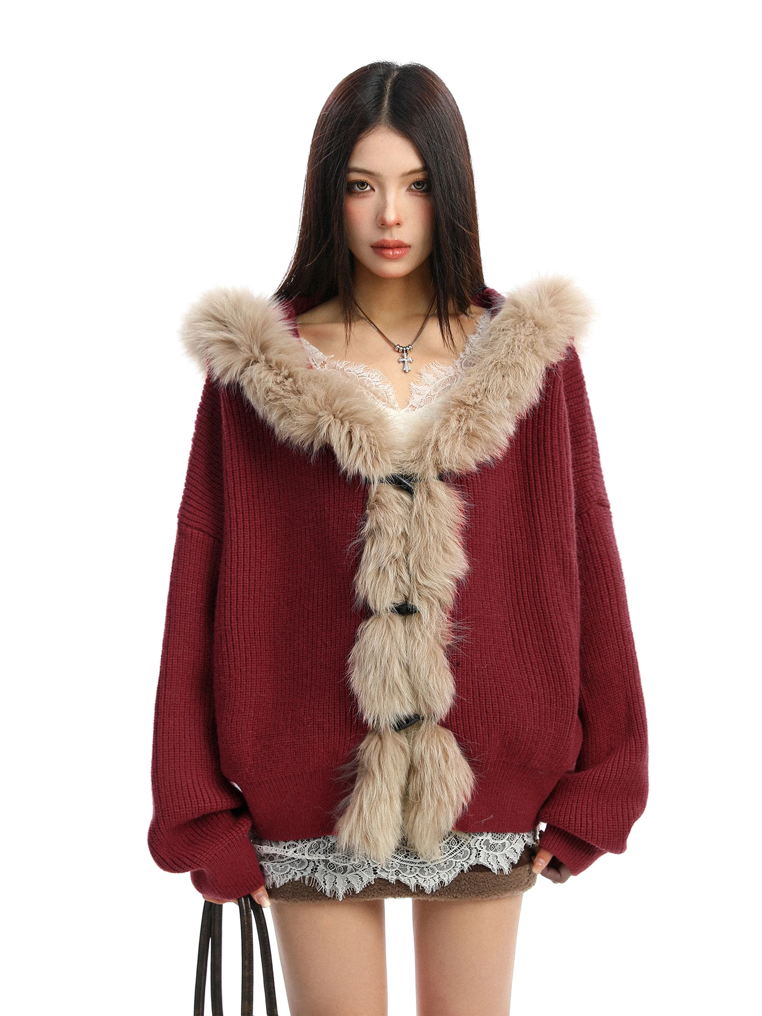 

Red Battle Robe Fur Collar Spliced Hoodie Women's Autumn Winter Lazy New Year Knitted Sweater Coat Casual Comfortable Loo...