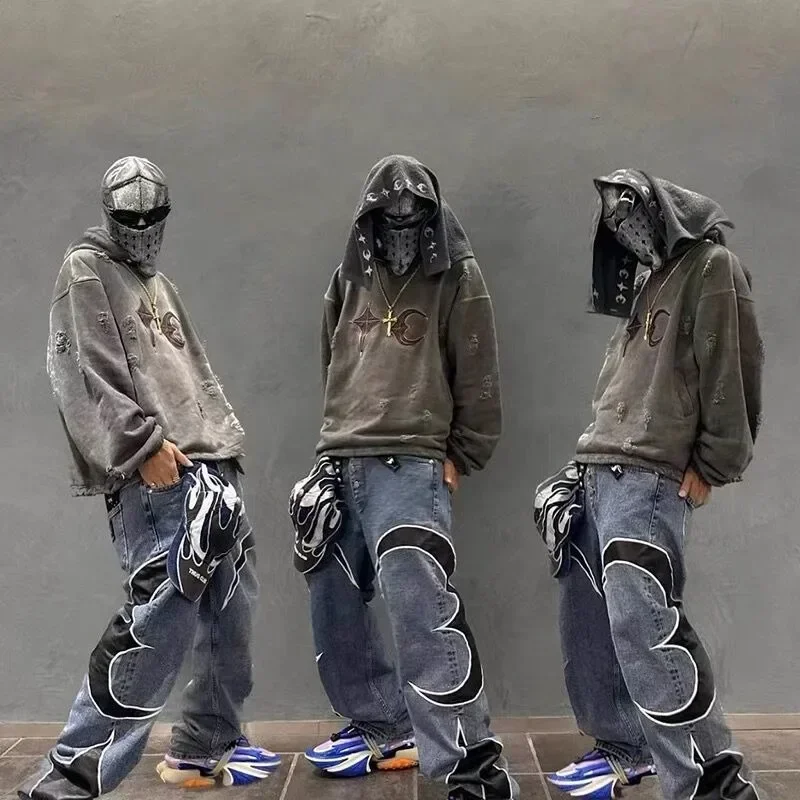 

South Korean Hoodies, Starry Moon Patchwork Pattern, Worn-out And Damaged Hoodies, Men's And Women's Hoodies Y2k 한국인 리뷰 많은 옷