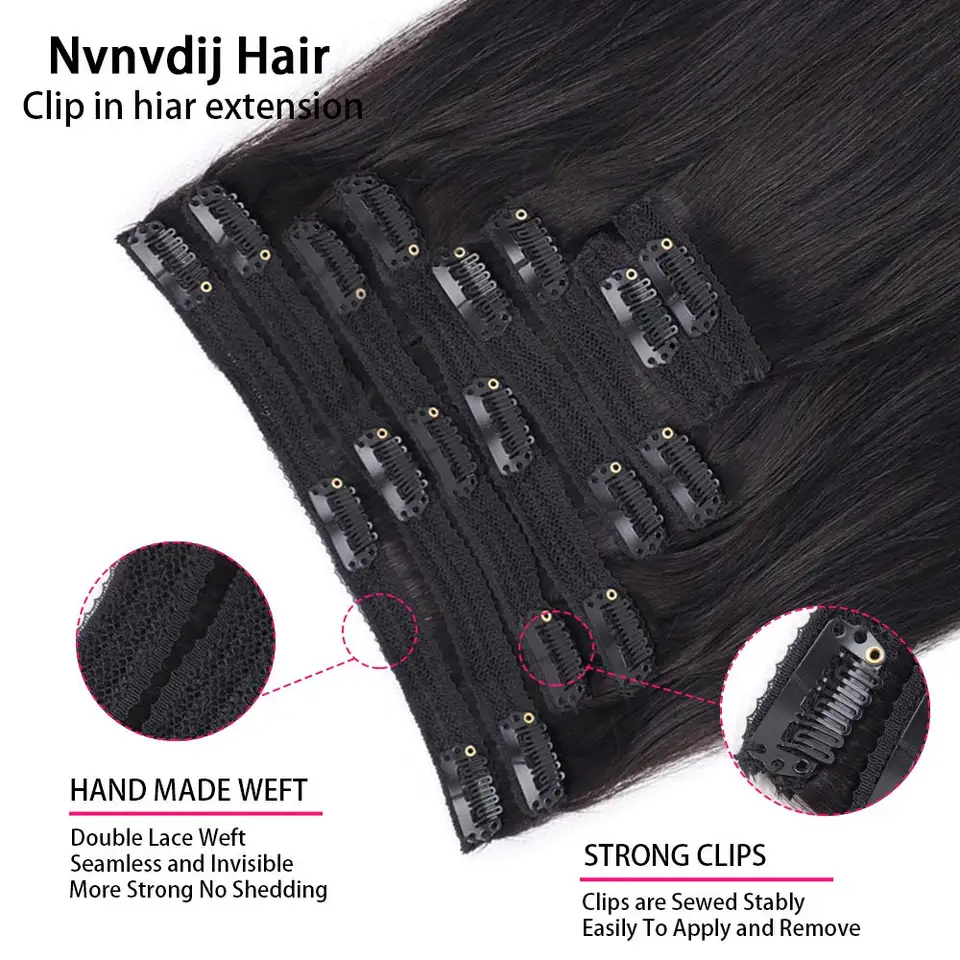 Extensión de cabello humano con clip, 120 g, 8 piezas, virgen, negro natural 2