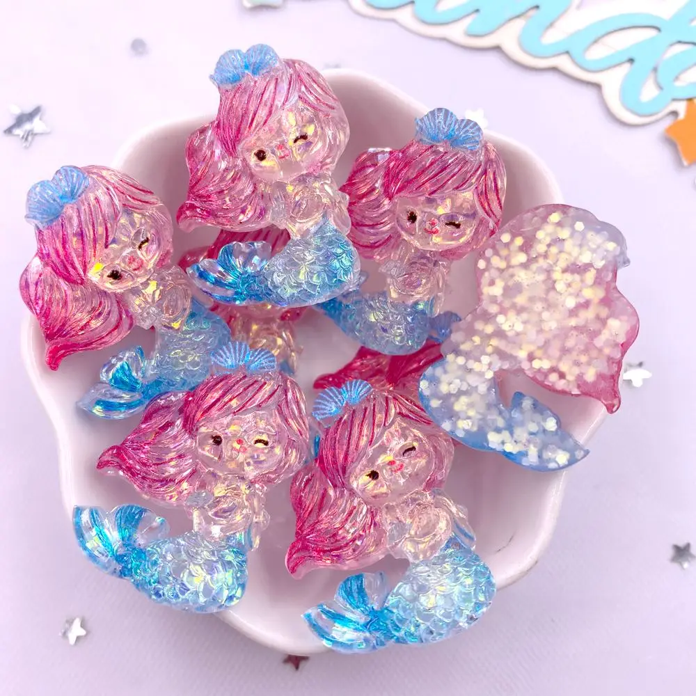 Resin Colorful Cartoon Glitter Mermaid Princess Girl Flatback Christmas Figurines 10PCS Scrapbook DIY Bow Accessory Decor Crafts