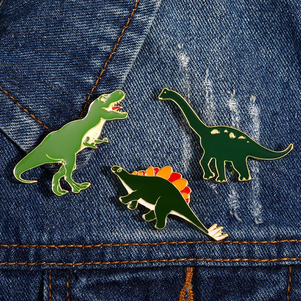 3 Pcs/Set Green Dinosaur Enamel Pins Velociraptor Brontosaurus Stegosaur Brooches