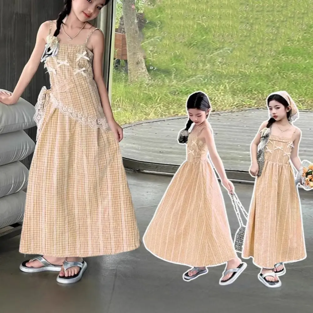

Elegant Loose Girls Princess Grid Dress Teenagers Party Summer Kids Dresses Beach Vacation Sweet Children Sling Dress Summer