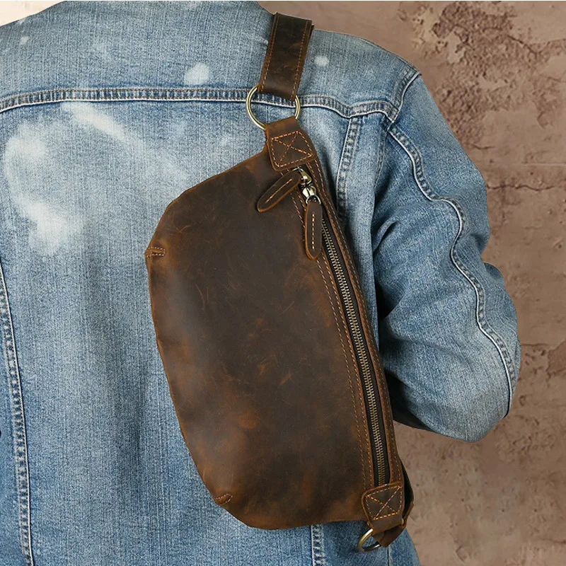 Männer Echt leder Hüft tasche männliche Leder Brusttaschen Vintage Gürtel taschen Herren verrückte Pferd Leder Schlinge Messenger Umhängetasche