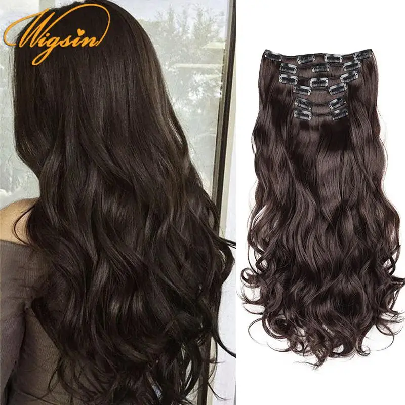 WIGSIN 6Pcs/set 24Inch Synthetic Long Curly Clip in Hair Extensions Black Brown Blonde Hairpiece for Women