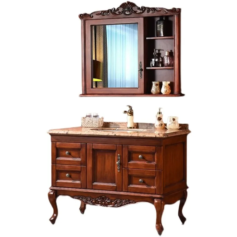 New Chinese bathroom cabinet oak red oak solid wood bathroom cabinet floor-to-ceiling simple European washstand
