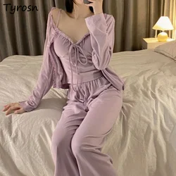 Pajama Sets Women Elegant Design Solid Fashion Simple Spring Sweet Sleepwear Leisure Tender Cozy Female Korean Style Daily Soft