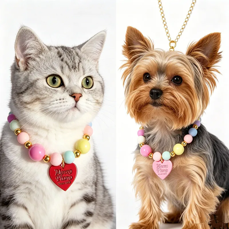 Gradient Bead Pet Choker Embossed Metal Heart Tag Adjustable Extension Chain Cute Yorkie Kitten Collar Pet Photo Styling Jewelry