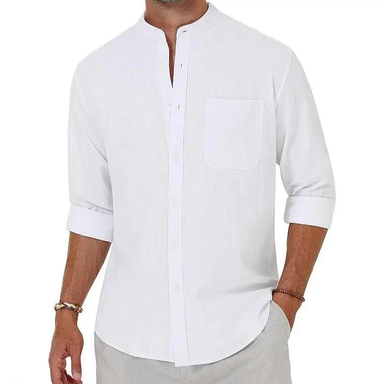 

Новая мужская повседневная рубашка из чистого хлопка с длинным рукавом и воротником-стойкой, модная, удобная, дышащая, классического кроя