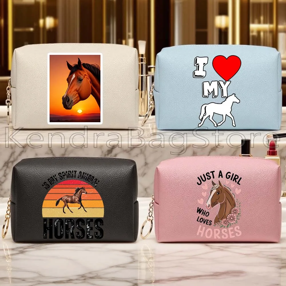 

Just A Girl Who Loves Horses Floral Watercolor Horse Art Cute Gifts Black PU Travel Cosmetic Bags Makeup Waterproof Storage Bag