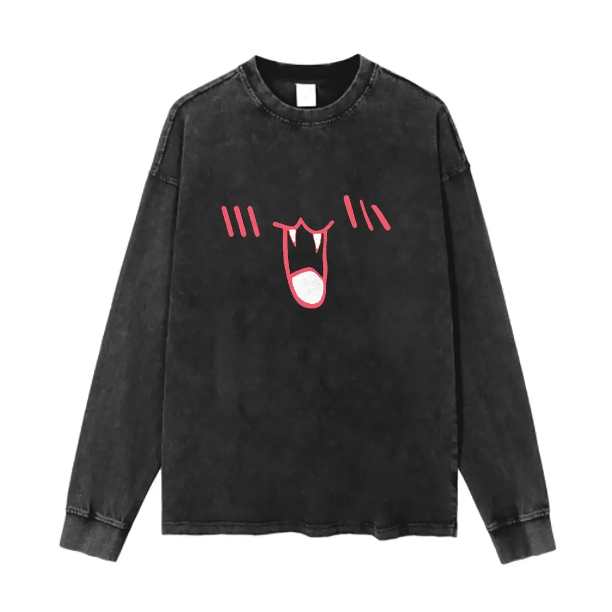 Vampire Fangs Art Graphic Washed Vintage Long Sleeves Cotton Tee Shirt Solid O Collared For Men's And Women's